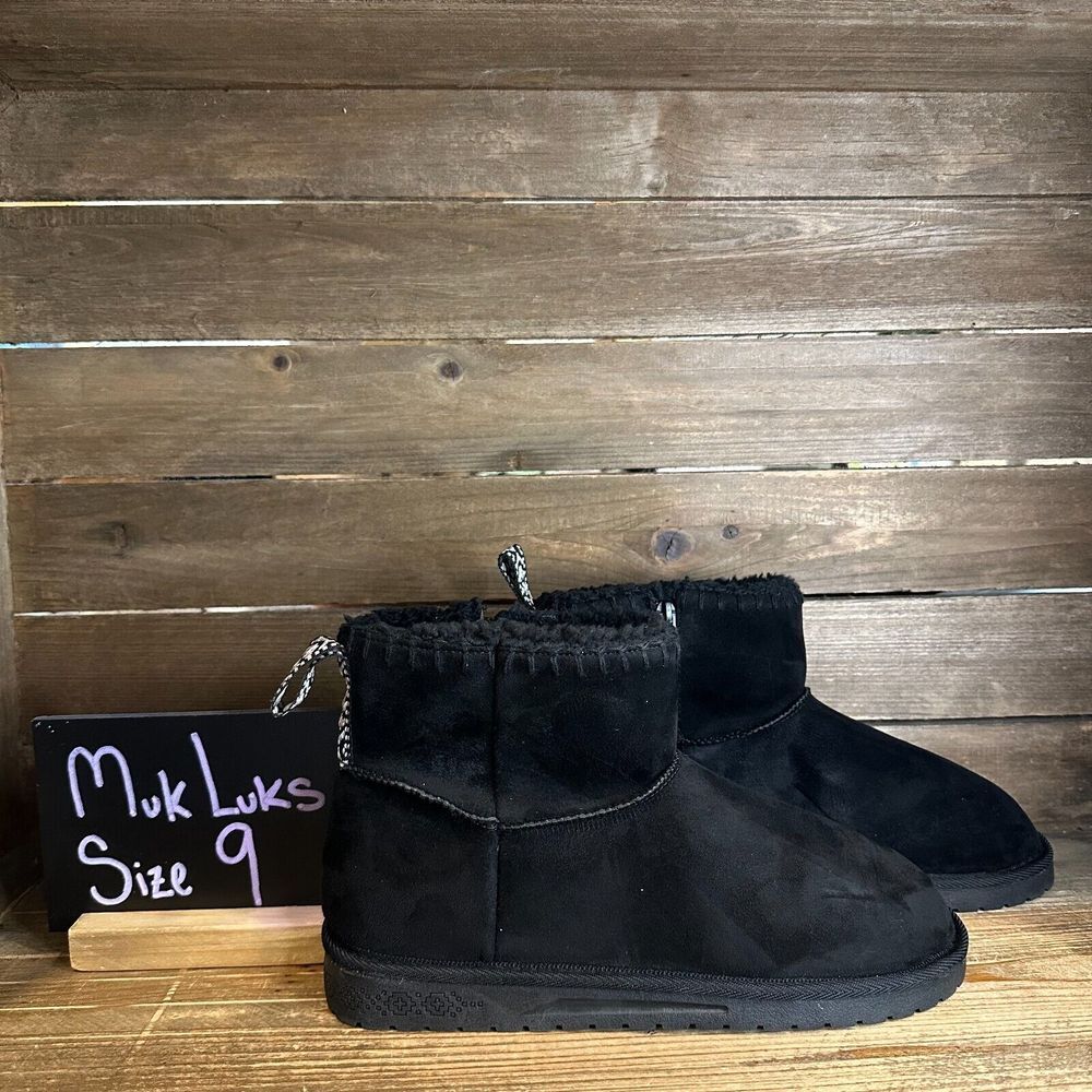 Womens Muk Luks‎ Tatum Black Fleece Casual Comfort Ankle Boots Booties Size 9 M